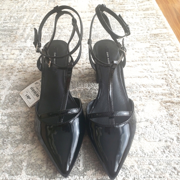Zara Shoes Zara Black Pointed Toe With Ankle Strap And Square